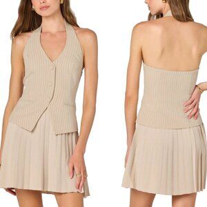NEW ASTR The Label TAUPE Pinstriped HALTER VEST Pleated MIXED MEDIA Mini DRESS M